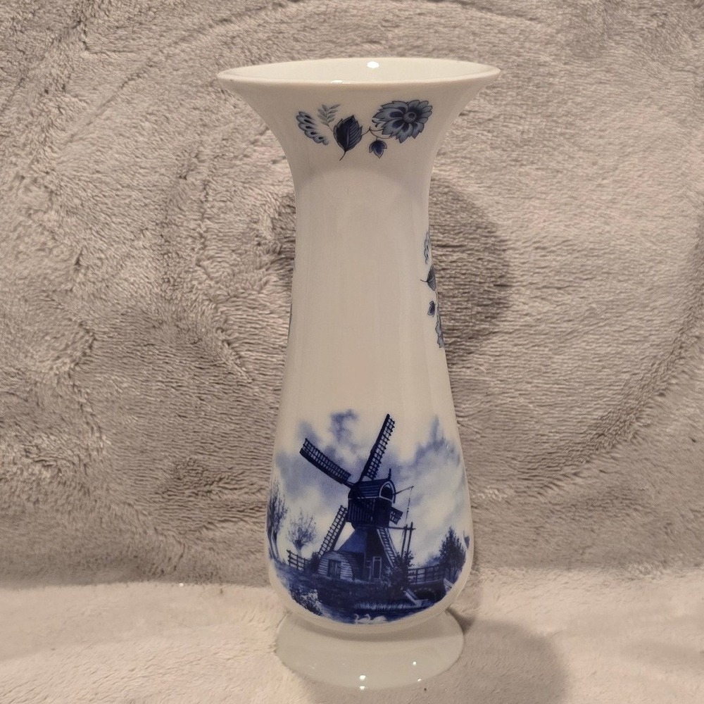 Ter Steege BV Delft Blue Windmill Bud Vase Hand Decorated Holland Porcelain 6.5"